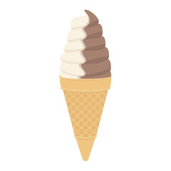 Vector illustration of chocolate vanilla swirl soft serve ice cream cone isolated on background.