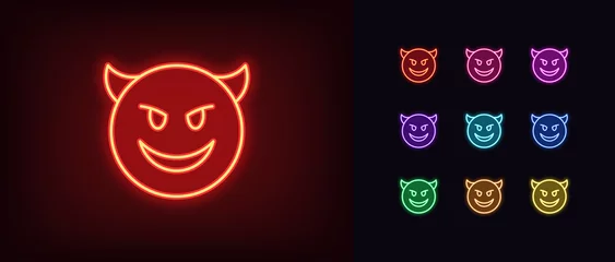 Foto op Canvas Outline neon devil emoji icon. Glowing neon evil emoticon with horns and smile, demon face pictogram © Дмитрий Майер
