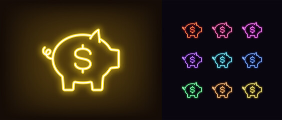 Outline neon money box icon. Glowing neon piggy bank with dollar sign, moneybox pictogram. Piggybank