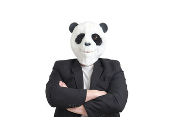 Man wearing a panda mask head and a suit, arms folded, isolated.