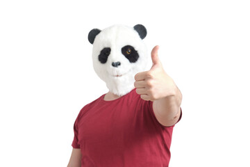 Man wearing a panda mask head thumbs up, isolated.