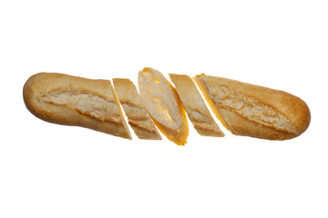 Baguette cut into slices on a white background full focus, clipping path, no shadows. Baquette on White Background.