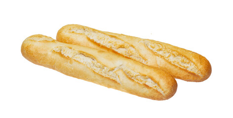 Two fresh baguettes isolated on a white background, full focus, clipping path, no shadows. Baquette on White Background.