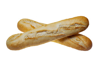 Two fresh baguettes isolated on a white background, full focus, clipping path, no shadows. Baquette on White Background.