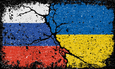 ロシアとウクライナ国旗が割れたコンクリートにペイントされた背景