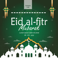 Happy Eid Al Fitr elegant poster or banner with mosque illustration and ketupat on green background premium vector