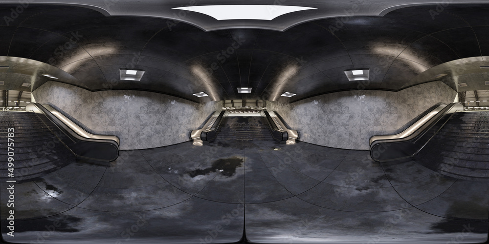 Poster hdri of realistic underground subway station background with wet reflecting floors. futuristic metro