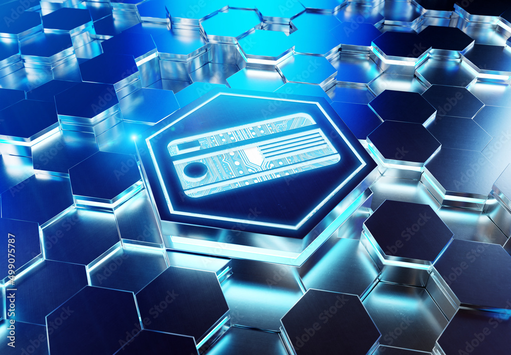 Poster payment card icon concept engraved on metal hexagonal pedestral background. credit card logo glowing