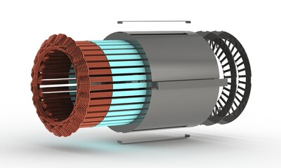 Winding stator for electric motor, exploded view,3D rendering isolated on white background