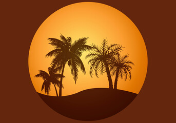 Fototapeta na wymiar Círculo con silueta de palmeras de una isla en verano. 