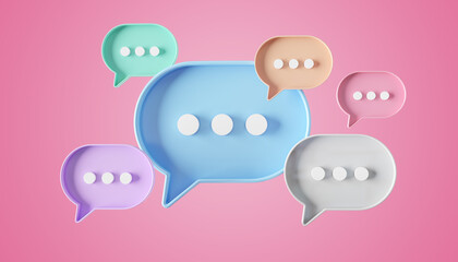Minimalist blue red orange green purple speech bubbles talk icons floating over pink background. Modern conversation or social media messages with shadow. 3D rendering
