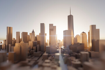 New York downtown miniature city. Manhattan skyline against the sun. 3D rendering.