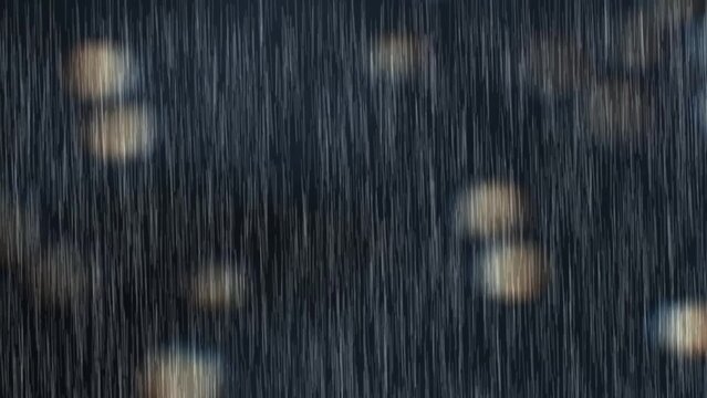 Heavy rain, Raindrops falling rain isolated on dark 4K Loop background. Rain pouring or thunderstorm. power of nature elements weather. Slow Rain, Thunder, speedy, shower, rainfall