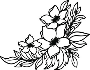 Flower blossom vector illustration, Floral branch silhouette, Garden spring flowers simple sketch element, Floral wreath border