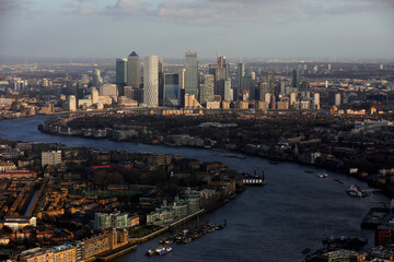 London skyline buildings in Canary Warf, view from The Shard observation deck tower.