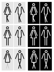 Toilet pictograms for girls and boys. Set. Funny toilet couple signs, desperate pissing women man toilet symbols, funny bathroom door signs, public restroom humor urgent vector silhouettes.