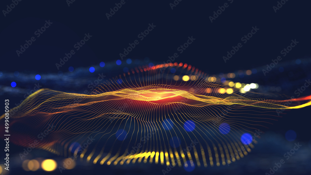 Aufkleber Hi-tech, sci-fi 3D illustration Abstract musical beat. Sound wave in field of big data particles. Dancing dots of a neural network in a nanotechnology cyberspace project. Bokeh and bright LED flashes