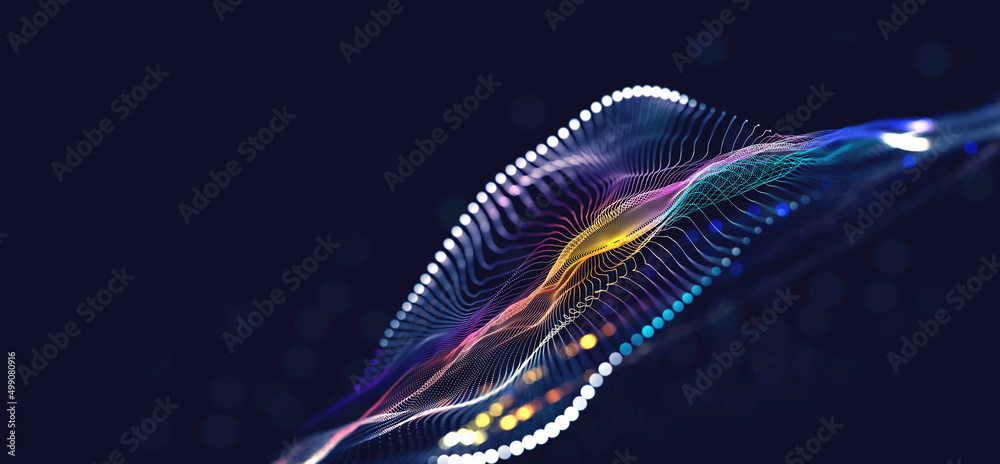 Aufkleber Hi-tech, sci-fi 3D illustration Abstract musical beat. Sound wave in field of big data particles. Dancing dots of a neural network in a nanotechnology cyberspace project. Bokeh and bright LED flashes