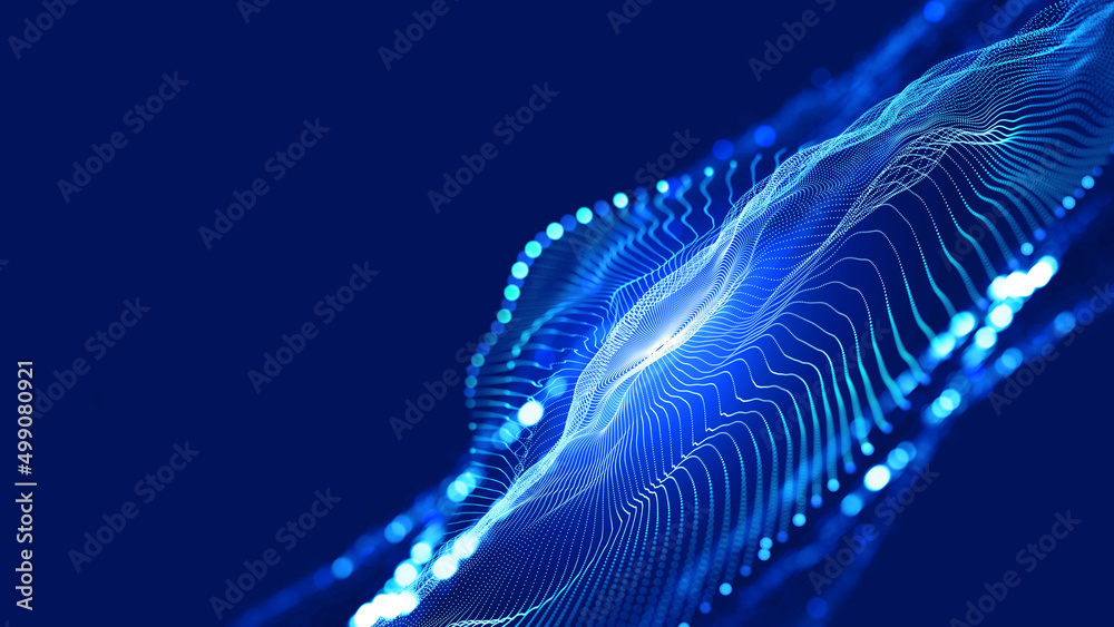 Poster Hi-tech, sci-fi 3D illustration Abstract musical beat. Sound wave in field of big data particles. Dancing dots of a neural network in a nanotechnology cyberspace project. Bokeh and bright LED flashes