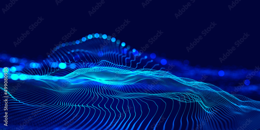 Aufkleber Hi-tech, sci-fi 3D illustration Abstract musical beat. Sound wave in field of big data particles. Dancing dots of a neural network in a nanotechnology cyberspace project. Bokeh and bright LED flashes