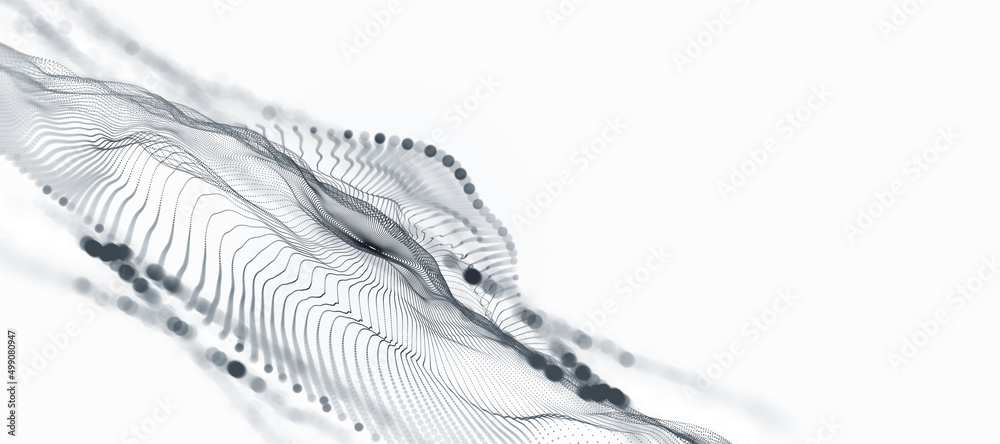 Aufkleber Big data cyber stream 3D illustration. Rhythmic waves of electrical impulses in a neural network. Sound and particles of musical rhythm. Blurred bokeh emotion in digital code space