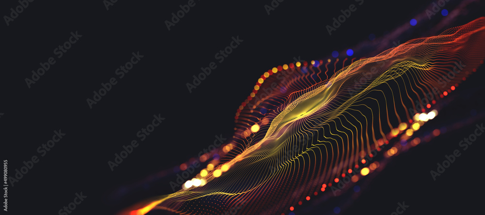 Poster Big data cyber stream 3D illustration. Rhythmic waves of electrical impulses in a neural network. Sound and particles of musical rhythm. Blurred bokeh emotion in digital code space