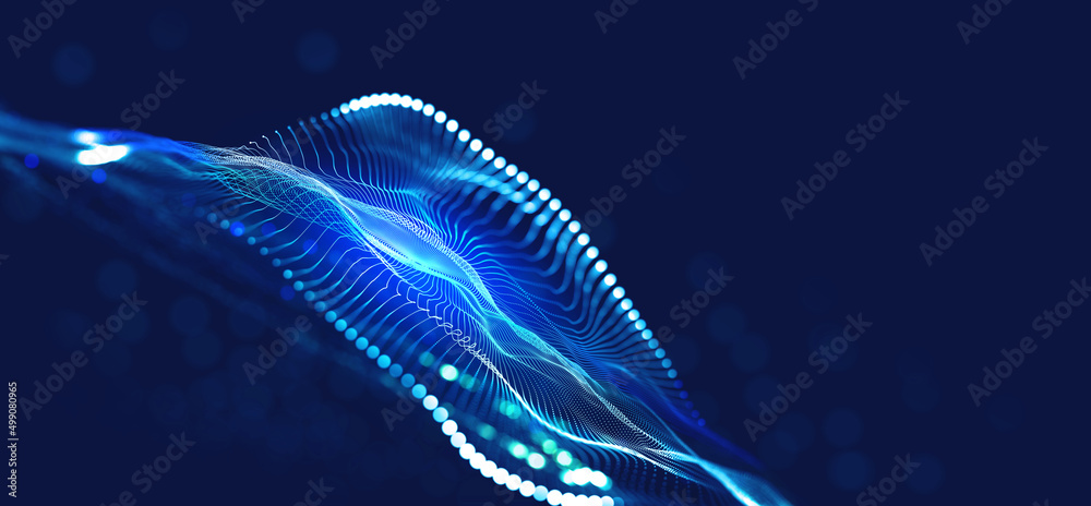 Aufkleber Big data cyber stream 3D illustration. Rhythmic waves of electrical impulses in a neural network. Sound and particles of musical rhythm. Blurred bokeh emotion in digital code space