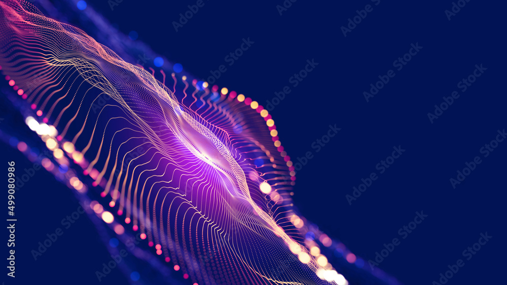 Aufkleber Big data cyber stream 3D illustration. Rhythmic waves of electrical impulses in a neural network. Sound and particles of musical rhythm. Blurred bokeh emotion in digital code space