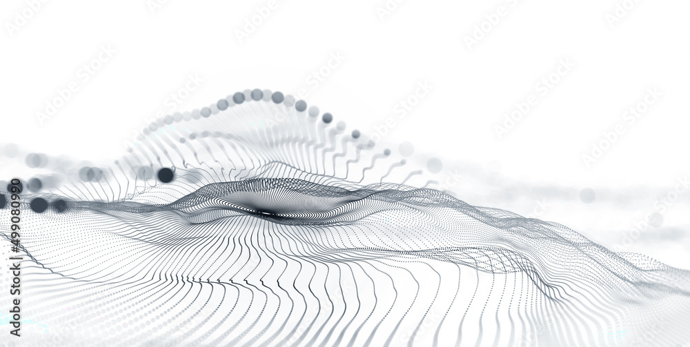 Aufkleber Big data cyber stream 3D illustration. Rhythmic waves of electrical impulses in a neural network. Sound and particles of musical rhythm. Blurred bokeh emotion in digital code space