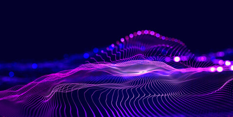 Hi-tech, sci-fi 3D illustration Abstract musical beat. Sound wave in field of big data particles. Dancing dots of a neural network in a nanotechnology cyberspace project. Bokeh and bright LED flashes - obrazy, fototapety, plakaty