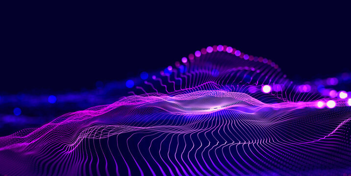Hi-tech, sci-fi 3D illustration Abstract musical beat. Sound wave in field of big data particles. Dancing dots of a neural network in a nanotechnology cyberspace project. Bokeh and bright LED flashes