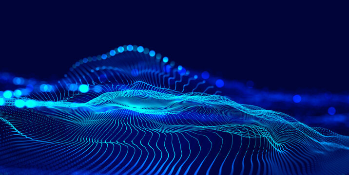 Hi-tech, sci-fi 3D illustration Abstract musical beat. Sound wave in field of big data particles. Dancing dots of a neural network in a nanotechnology cyberspace project. Bokeh and bright LED flashes