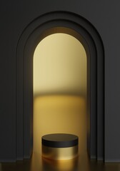 3d rendering of black and gold empty circle pedestal between black arch wall mockup on gold background