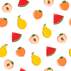 pattern with peaches, pears and watermelon on a white background