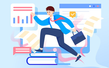 Man running to job interview with computer data in background, vector illustration