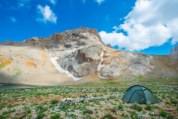 Aladaglar National Park (glacial landscape). Cloudy mountain landscape. Camping at the top of the mountain, camping. Floral mountain landscape. Trans trekking hikes. Nigde, Turkey.