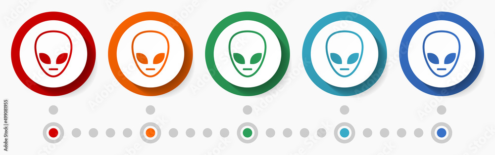 Poster Alien, ufo concept vector icon set, infographic template, flat design colorful web buttons in 5 color options