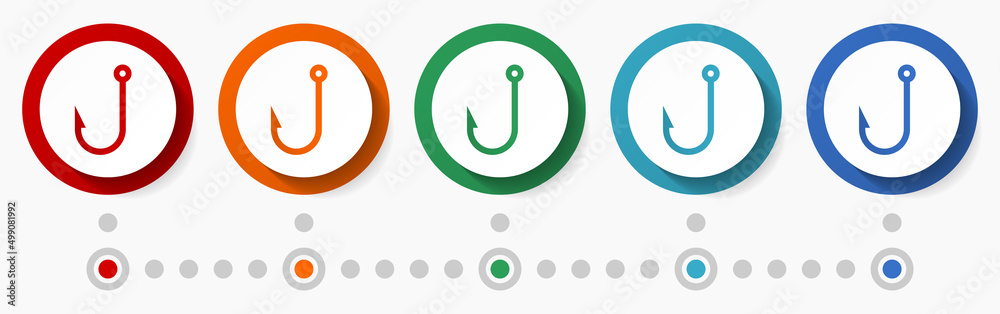 Poster fishing, hook concept vector icon set, infographic template, flat design colorful web buttons in 5 c