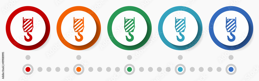 Poster hook, crane concept vector icon set, infographic template, flat design colorful web buttons in 5 col