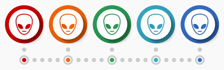 Alien, ufo concept vector icon set, infographic template, flat design colorful web buttons in 5 color options