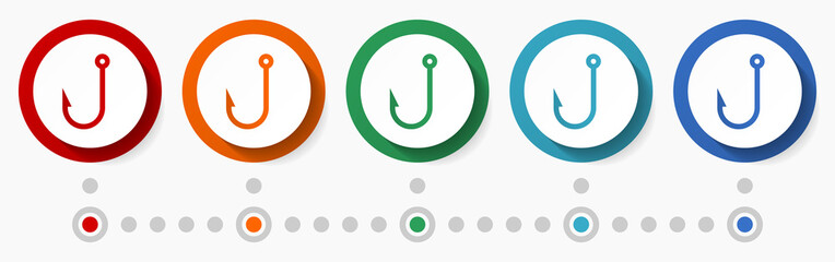 Fishing, hook concept vector icon set, infographic template, flat design colorful web buttons in 5 color options