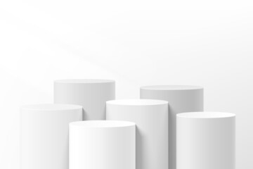 Abstract white clean 3D room with steps realistic gray and white cylinder stand podium group. Minimal wall scene for product mockup display presentation. Vector geometric forms. Stage for showcase.
