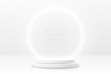 Abstract clean white 3D room with realistic white cylinder pedestal podium and glowing circle neon lamp. Minimal scene for mockup product display. Vector geometric forms design. Stage for showcase.