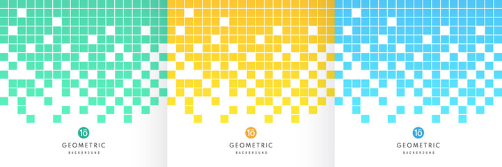Set of Abstract yellow, light blue and green color square pixel transition on white background with copy space. Simple flat pastel color design. Pattern minimal style collection. Vector illustration
