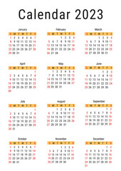 Template of the annual calendar for 2023. The week starts on Sunday. Saturday and Sunday are highlighted in red. Vector illustration on a white background