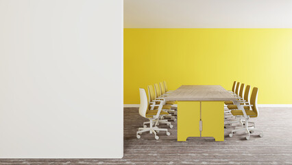 3d rendering of meeting room in modern style, White working chair and wooden table empty yellow wall