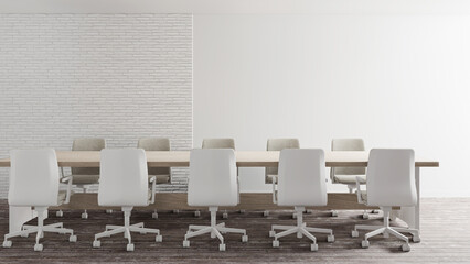 3d rendering of meeting room in modern style, White working chair and wooden table empty wall