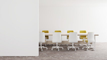 3d rendering of meeting room in modern style, White working chair and wooden table empty wall