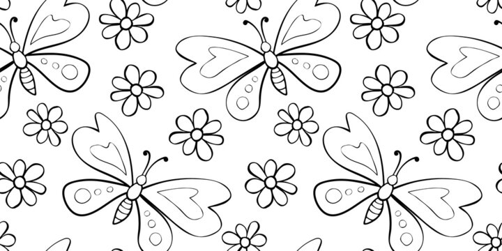 Vector seamless pattern of black outline cute butterflies and flowers in Doodle style. Glade, forest edge. Background and texture on theme of nature, spring, summer, children print, isolated