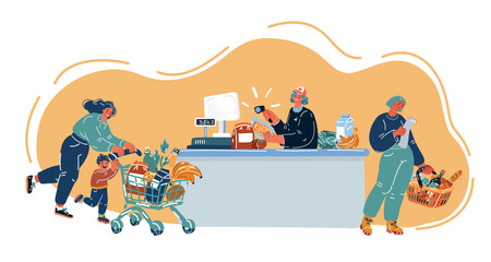Naklejka premium Vector illustration of people in supermarket and cashier